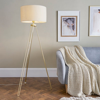 ValueLights Aero Gold Hairpin Design Tripod Floor Lamp with Beige Drum Shade