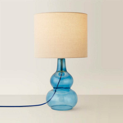 ValueLights Aida Natural Linen Tall Lamp Shade Blue Bubble Glass