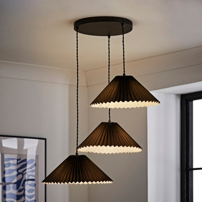 ValueLights Akira Black 3 Way Hanging Pendant Ceiling Light with Pleated Lampshade - LED Bulbs Included