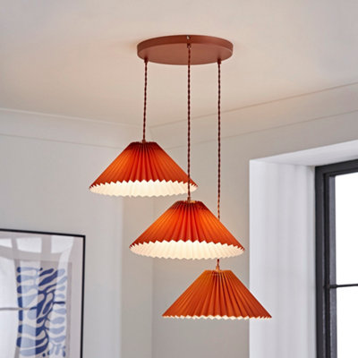 ValueLights Akira Burnt Orange 3 Way Hanging Pendant Ceiling Light with Pleated Lampshade - LED Bulbs Included