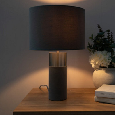 ValueLights Alexa Charcoal Grey Velvet and Silver Chrome Bedside Table Lamp with a Drum Lampshade - Bulb Included
