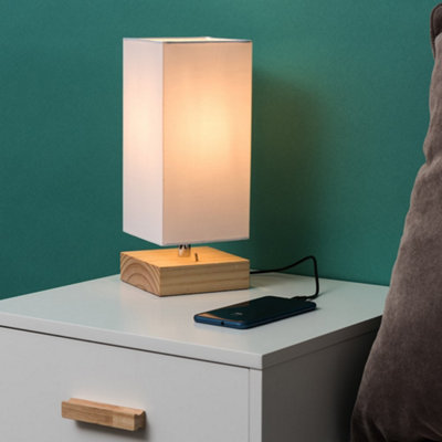 ValueLights Alfis Modern Pine Wood and White Bedside Table Lamp with USB Charging Port