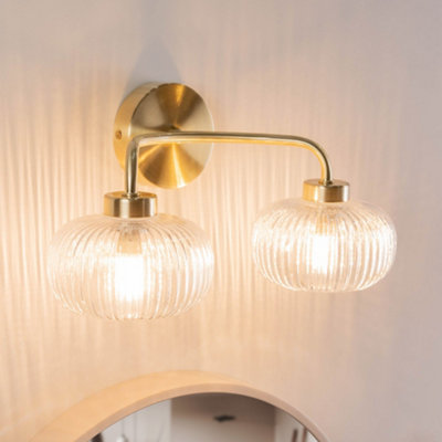 ValueLights Amaia Brushed Gold IP44 Rated 2 Way Clear Ribbed Glass Wall Light with LED Bulbs