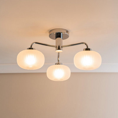 ValueLights Amaia Chrome IP44 Rated 3 Way Frosted Ribbed Glass Ceiling Light with LED Bulbs