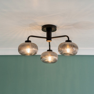 ValueLights Amaia Matte Black IP44 3 Way Smoked Ribbed Glass Ceiling Light with LED Bulbs