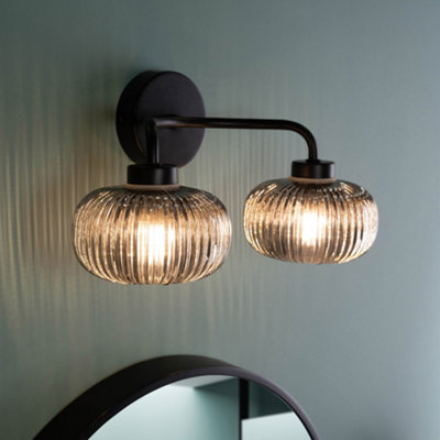 ValueLights Amaia Matte Black IP44 Rated 2 Way Smoked Ribbed Glass Wall Light with LED Bulbs