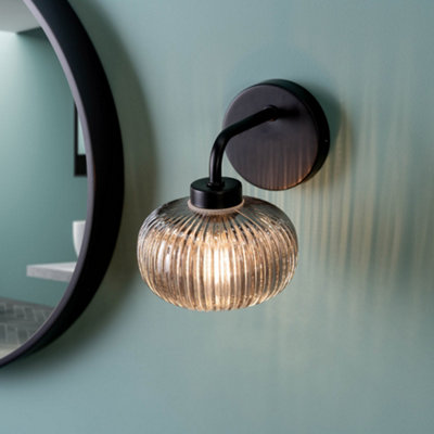 ValueLights Amaia Matte Black IP44 Rated Single Smoked Ribbed Glass Wall Light with LED Bulb