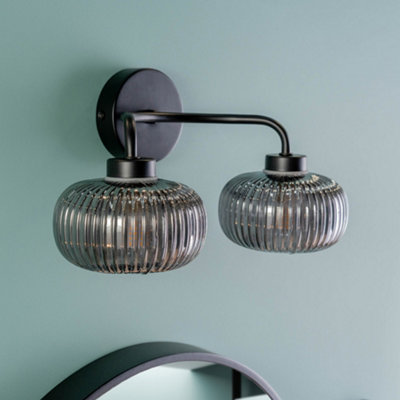 ValueLights Amaia Pair Matte Black IP44 Rated 2 Way Smoked Glass Wall Lights with LED Bulbs