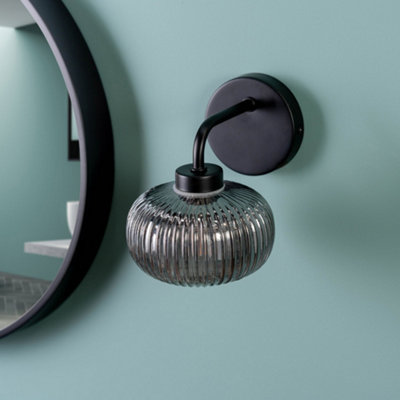 ValueLights Amaia Pair of Black IP44 Single Smoked Ribbed Glass Wall Lights with LED Bulbs