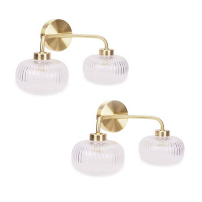 ValueLights Amaia Pair of Brushed Gold IP44 2 Way Clear Glass Wall Lights with LED Bulbs