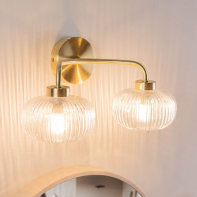ValueLights Amaia Pair of Brushed Gold IP44 2 Way Clear Glass Wall Lights with LED Bulbs