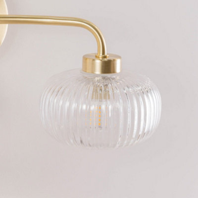 ValueLights Amaia Pair of Brushed Gold IP44 2 Way Clear Glass Wall Lights with LED Bulbs