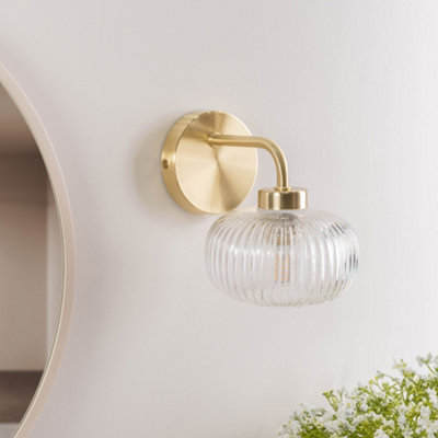 ValueLights Amaia Pair of Brushed Gold IP44 Clear Ribbed Glass Wall Lights with LED Bulbs