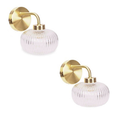 ValueLights Amaia Pair of Brushed Gold IP44 Rated Single Clear Ribbed Glass Wall Lights