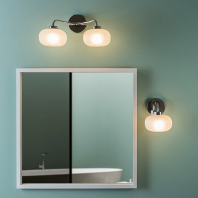 ValueLights Amaia Pair of Polished Chrome IP44 Single Frosted Ribbed Glass Wall Lights