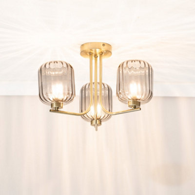 ValueLights Amelie Gold 3 Way Ceiling Light with Smoked Ribbed Glass Shades - LED Bulbs Included