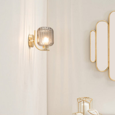 ValueLights Amelie Gold Curved Bar Wall Light with Smoked Ribbed Glass Shade