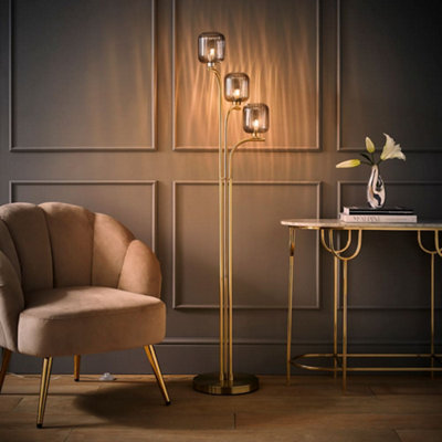 ValueLights Amelie Gold Stem 3 Way Ribbed Glass Shade Floor Lamp
