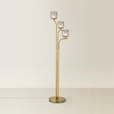 ValueLights Amelie Gold Stem 3 Way Ribbed Glass Shade Floor Lamp