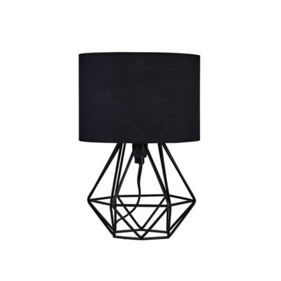 ValueLights Angus Modern Small Satin Black Metal Basket Cage Table Lamp with Black Fabric Shade