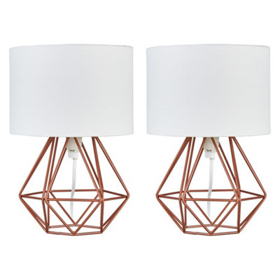 ValueLights Angus Pair of Angus Small Copper Metal Basket Cage Table Lamps with White Fabric Shades