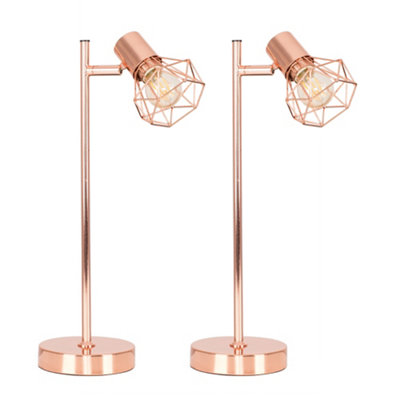 ValueLights Angus Pair of Angus Style Metal Basket Cage Desk Lamps In Copper Finish