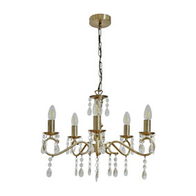 ValueLights Antique Brass 5 Way Crystal Jewel Chandelier Ceiling Light Fitting