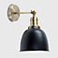 ValueLights Antique Brass Adjustable Knuckle Joint Wall Light With Gloss Black Dome Shade