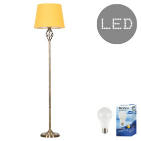 ValueLights Antique Brass Barley Twist Floor Lamp With Mustard Tapered Light Shade - With LED GLS Bulb in Warm White