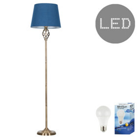 ValueLights Antique Brass Barley Twist Floor Lamp With Navy Blue Tapered Light Shade - With LED GLS Bulb in Warm White