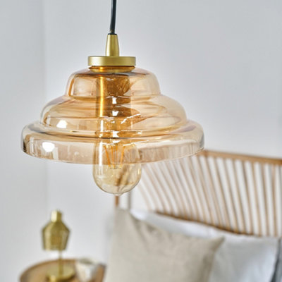 ValueLights Antique Brass Pendant Ceiling Light with Rippled Amber Glass Shade