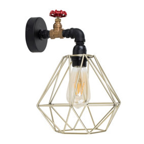 ValueLights Antique Brass Satin Black Pipework And Red Tap Wall Light With Gold Metal Light Shade