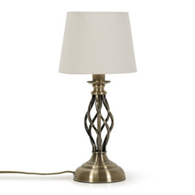 ValueLights Antique Brass Twist Table Lamp with a Fabric Lampshade Bedroom Bedside Light - Bulb Included