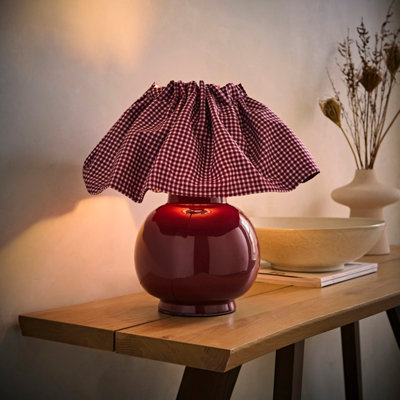 ValueLights Arabella Gingham Pleated Shade Burgundy Ceramic Table Lamp with Bulb