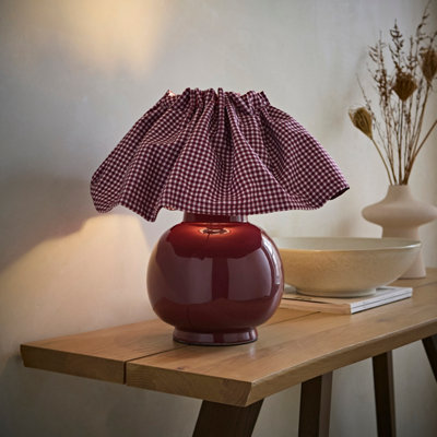 ValueLights Arabella Gingham Pleated Shade Burgundy Ceramic Table Lamp with Bulb