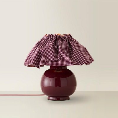 ValueLights Arabella Gingham Pleated Shade Burgundy Ceramic Table Lamp with Bulb