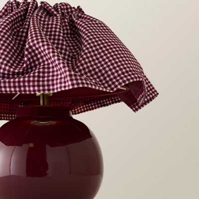 ValueLights Arabella Gingham Pleated Shade Burgundy Ceramic Table Lamp with Bulb