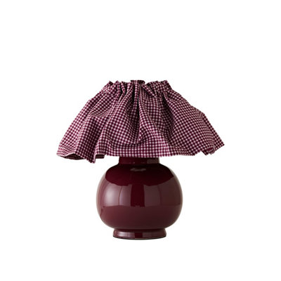 ValueLights Arabella Gingham Pleated Shade Burgundy Ceramic Table Lamp with Bulb
