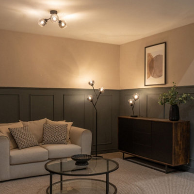 ValueLights Aria Black Metal 3 Way Ceiling Light Fitting with Smoked Glass Lampshades - Bulbs Included