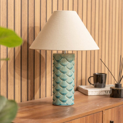 ValueLights Athena Ceramic Aqua Mermaid Shell Scallop Bedside Table Lamp with Tapered Lampshade - Bulb Included