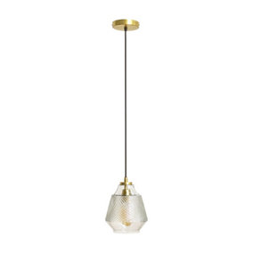ValueLights Aurelian Brass Ceiling Light Pendant Fitting with Textured Glass Shade - Including Bulb