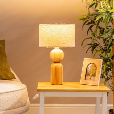 ValueLights Azalea Rustic Wooden Bedside Table Lamp with a Boucle Drum Lampshade - Bulb Included