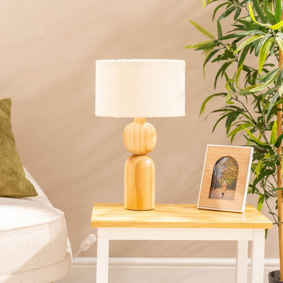 ValueLights Azalea Rustic Wooden Bedside Table Lamp with a Boucle Drum Lampshade - Bulb Included