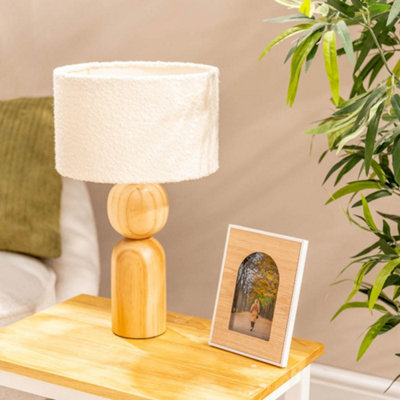 ValueLights Azalea Rustic Wooden Bedside Table Lamp with a Boucle Drum Lampshade - Bulb Included