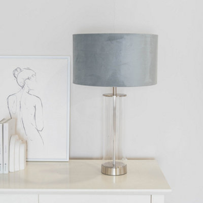ValueLights Balan Glass with Chrome Table Lamp and Grey Velvet with Chrome Inner Lamp Shade and LED Bulb