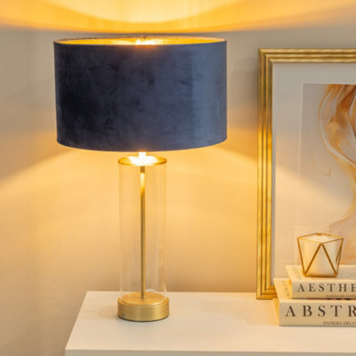 ValueLights Balan Glass with Gold Table Lamp and Navy Blue Velvet with Metallic Gold Inner Lamp Shade and LED Bulb