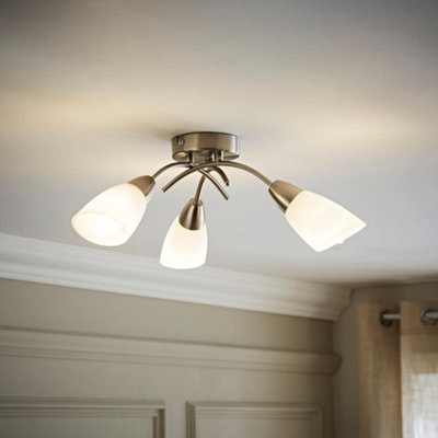ValueLights Barine 3 Way Chrome Arm Cross Over Flush Ceiling Light Fitting with Frosted Glass Shades and LED Golfball Bulbs