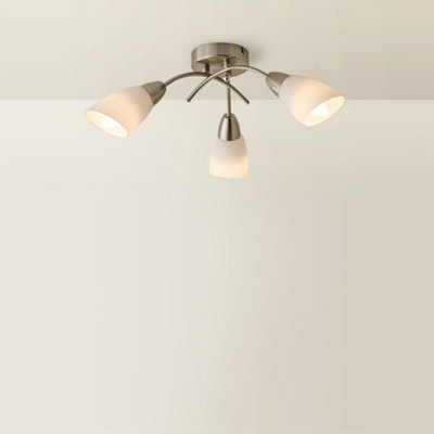 ValueLights Barine 3 Way Chrome Arm Cross Over Flush Ceiling Light Fitting with Frosted Glass Shades and LED Golfball Bulbs