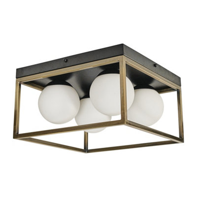 ValueLights Beauworth 4 Way Black and Antique Brass Square Ceiling Light with White Frosted Glass Globe Shades - Including Bulbs