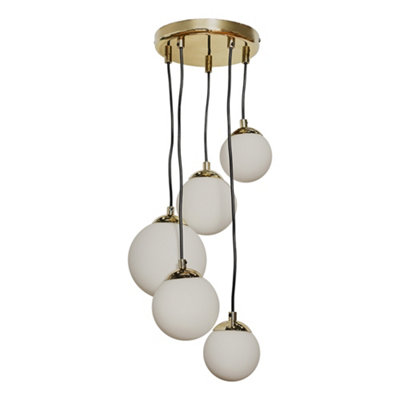 ValueLights Beauworth 5 Way Hanging Polished Gold and Glass Globe Shade Ceiling Pendant Light Fitting